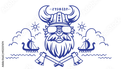 Vector Logo Viking Head in Helmet with Horns on White Background and Drakkar. Line Art Style Design of Viking Logotype