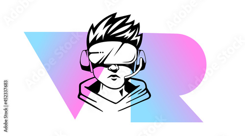 Vector Logo Man Head with Virtual Reality Helmet on White Background with Red and Blue Letter VR. Line Art Flat Style Design of VR Avatar