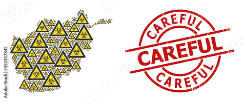 Grunge Careful stamp, and biohazard warning collage of Afghanistan map. Red round seal contains Careful tag inside circle. Afghanistan map collage is done of biohazard warning rotated parts.