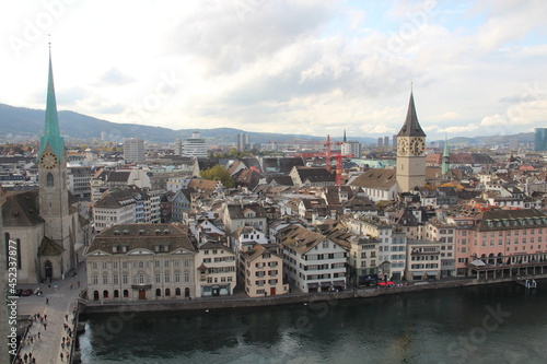 A view from Grossmünster (Romanesque-style Protestant church) of Zurich Switzerland and Limmat river.