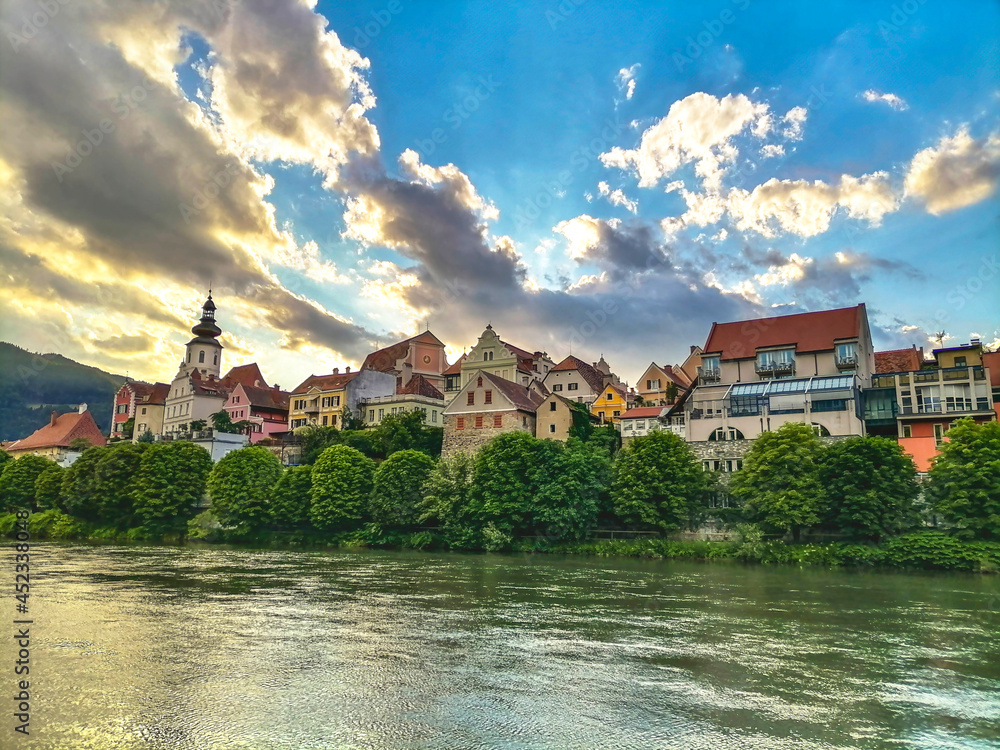 Naklejka premium The charming little town of Frohnleiten on the Mur river in the district of Graz-Umgebung, Styria region, Austria