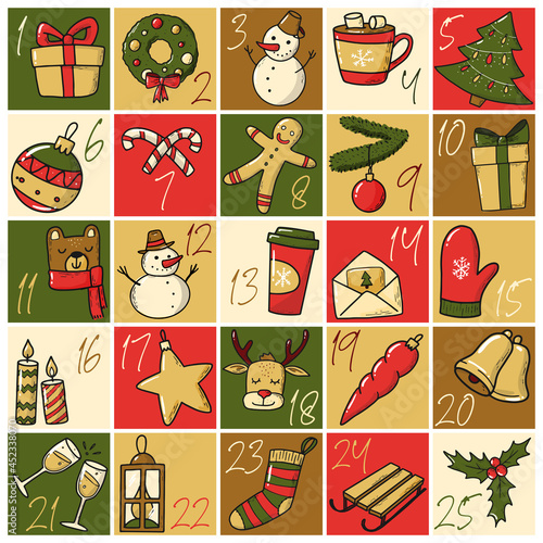 Christmas advent calendar with doodles. Good for stickers, cards, prints, etc. EPS 10