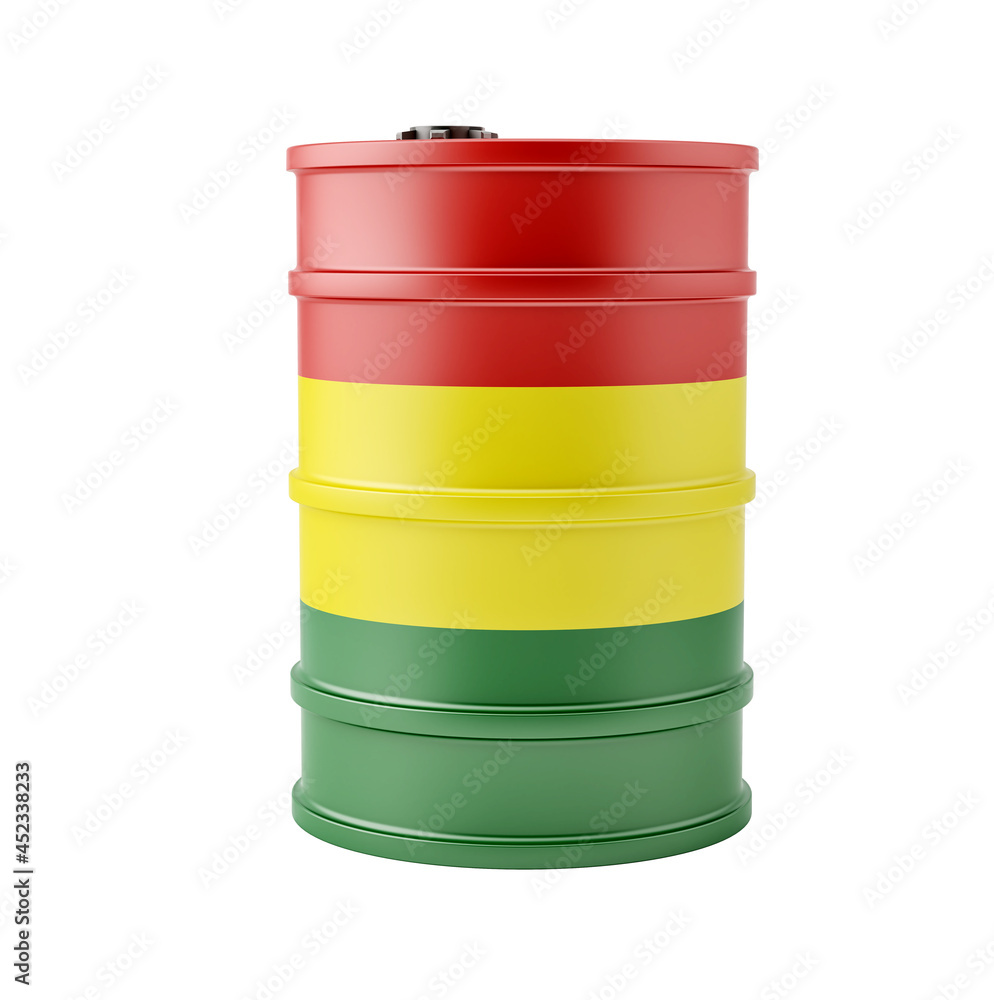 Oil drum in Bolivia national flag design. Isolated on white. 3D Rendering Oil drum in Bolivia national flag design. Isolated on white. 3D Rendering