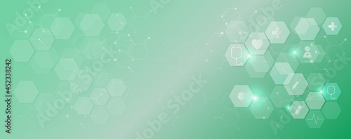 Abstract of health care and science flat icon pattern medical innovation concept on green background and glow lighting vector graphic design.