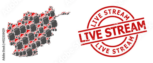 Scratched Live Stream stamp seal, and brainwashing mosaic of Afghanistan map. Red round stamp contains Live Stream text inside circle.