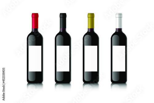 set of red wine bottles with colored caps. realistic vector illustration