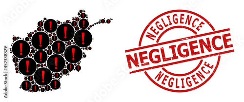 Grunge Negligence seal, and danger exclamation collage of Afghanistan map. Red round seal includes Negligence caption inside circle.