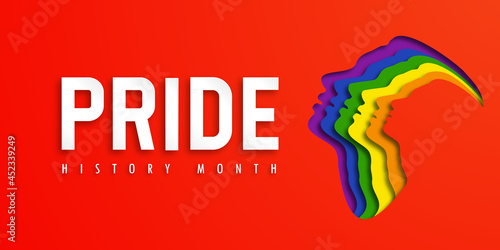Design LGBTQ+ PRIDE HISTORY MONTH.  People's faces look up in LGBT colors. Paper cut. Minority problem. Pride parade. Coexistence harmony and multicultural community integration. Illustration