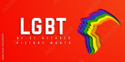 Design PRIDE LGBT HISTORY MONTH. People's faces look up in LGBTQ+ colors. Paper cut. Minority problem. PRIDE parade. Coexistence harmony and multicultural community integration. Illustration
