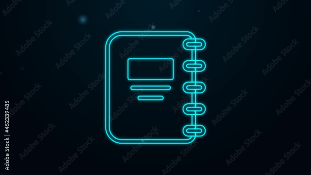 Glowing neon line Notebook icon isolated on black background. Spiral notepad icon. School notebook. Writing pad. Diary for school. 4K Video motion graphic animation Glowing neon line Notebook icon isolated on black background. Spiral notepad icon. School notebook. Writing pad. Diary for school. 4K Video motion graphic animation