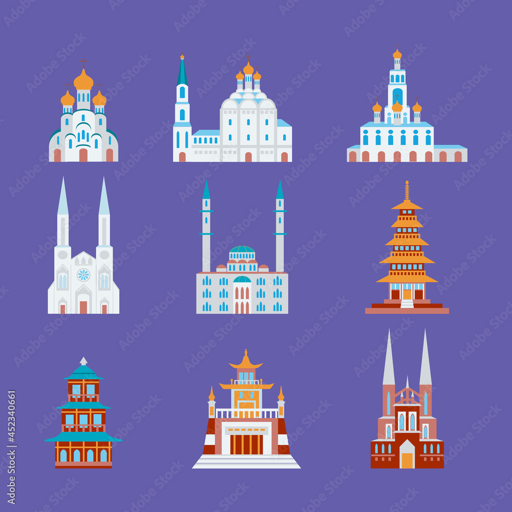 Set of religious buildings of the world Churches Catholic and Christian mosque pagoda Buddhist temple. Vector illustrations in flat cartoon style. Isolated on background