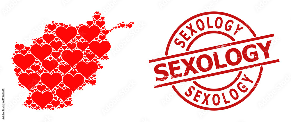 Rubber Sexology stamp seal, and love heart collage of Afghanistan map. Red round seal has Sexology tag inside circle. Afghanistan map collage is done of love heart rotated elements. Rubber Sexology stamp seal, and love heart collage of Afghanistan map. Red round seal has Sexology tag inside circle. Afghanistan map collage is done of love heart rotated elements.