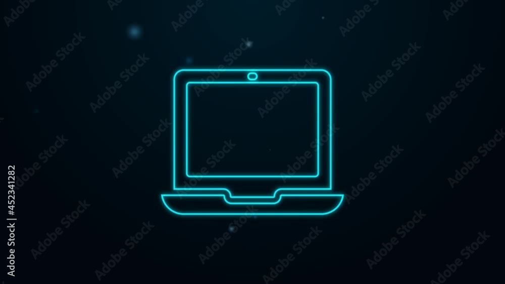 Glowing neon line Laptop icon isolated on black background. Computer notebook with empty screen sign. 4K Video motion graphic animation Glowing neon line Laptop icon isolated on black background. Computer notebook with empty screen sign. 4K Video motion graphic animation