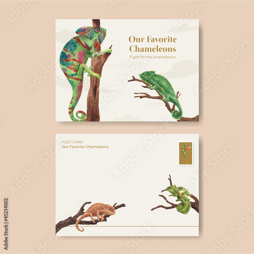 Postcard template with chameleon lizard concept,watercolor style