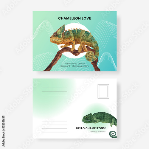 Postcard template with chameleon lizard concept,watercolor style