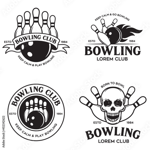 Set of vector vintage monochrome style bowling logo, icons and symbol.