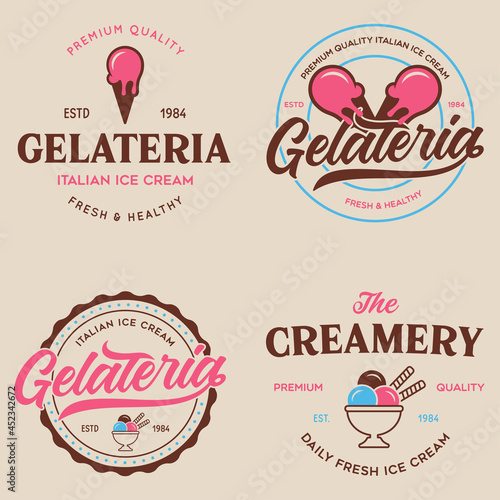 Set of vintage ice cream shop logo badges and labels, gelateria signs. Retro logotypes for cafeteria or bar.