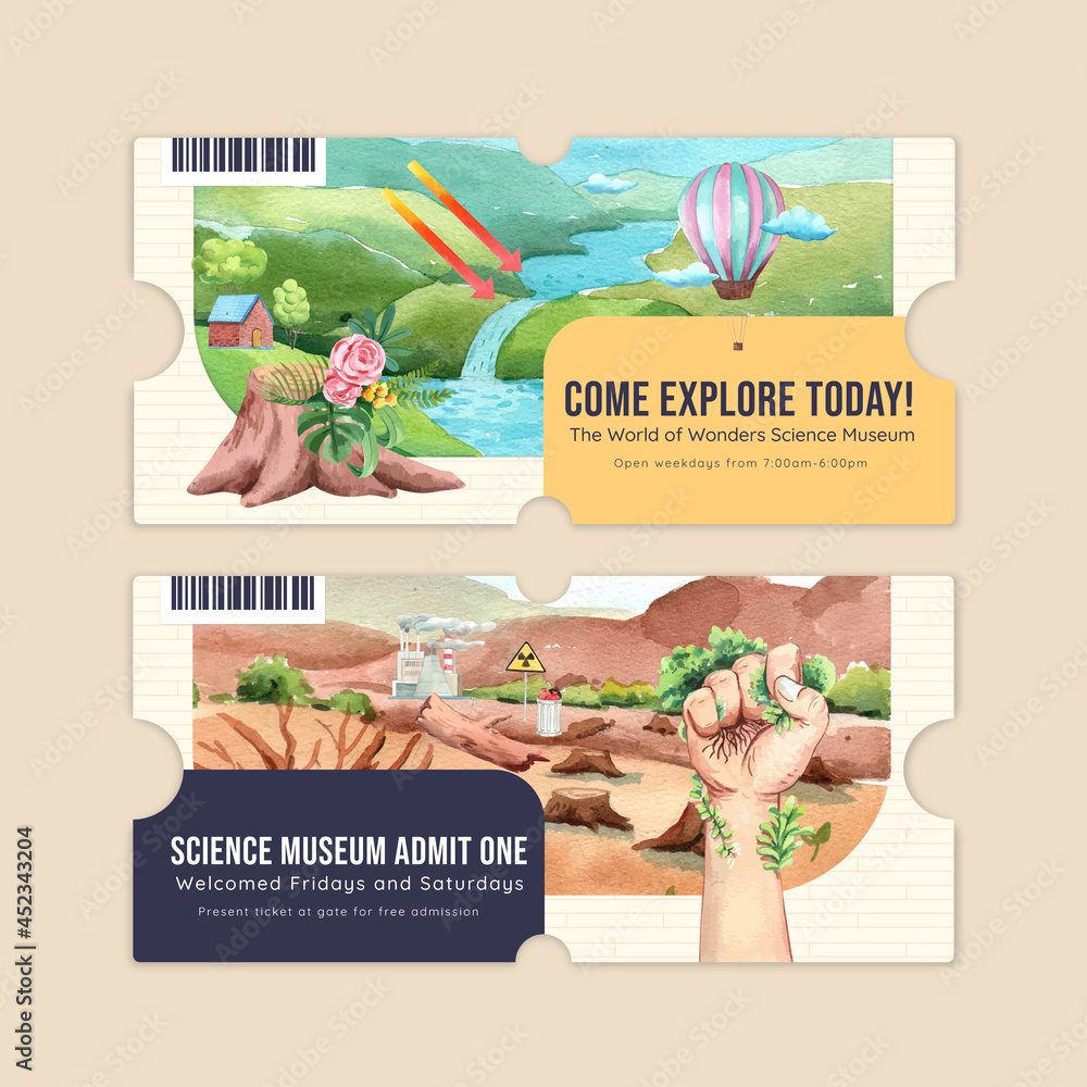 Ticket template with world ozone day concept,watercolor style
