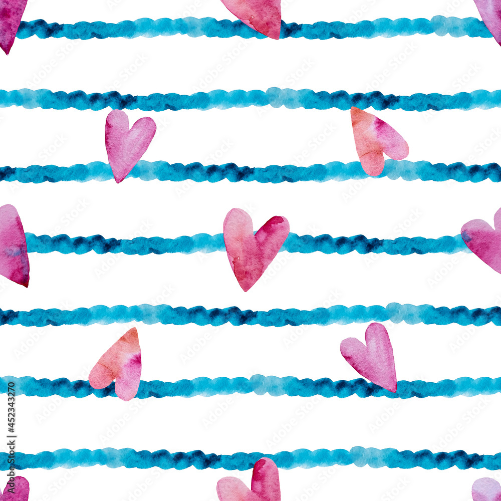 Watercolor stripes and hearts on a white background. Use for backgrounds, scrapbooking, fabric printing, paper printing, wallpaper and more.