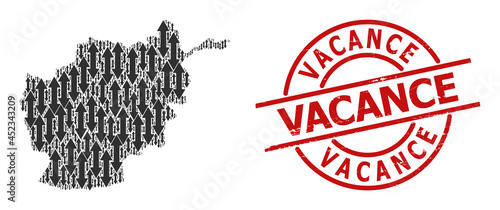 Rubber Vacance stamp seal, and vertical exchange arrow collage of Afghanistan map. Red round stamp seal contains Vacance text inside circle.