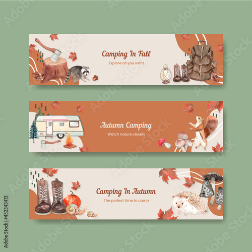 Banner template with autumn camping concept,watercolor style