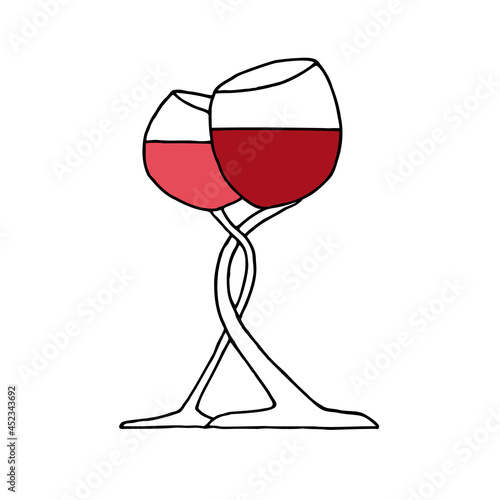 Two glasses of wine are intertwined, symbolizing the relationship between man and woman. Doodle. Sketch. Hand Drawn.