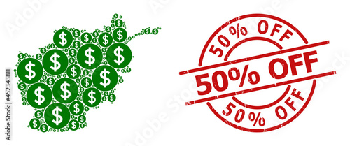 Rubber 50% Off stamp seal, and price collage of Afghanistan map. Red round stamp seal contains 50% Off caption inside circle. Afghanistan map mosaic is designed of price rotated items.