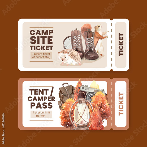 Ticket template with autumn camping concept,watercolor style