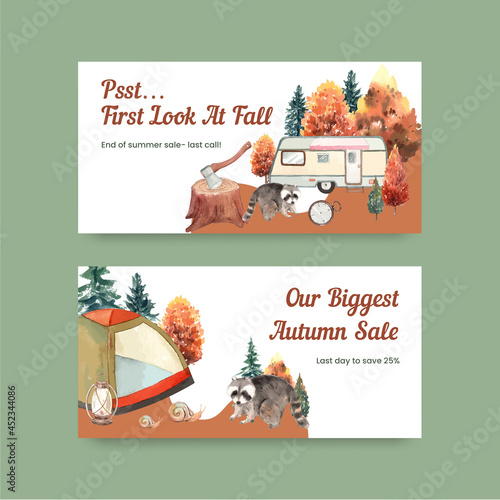 Twitter template with autumn camping concept,watercolor style
