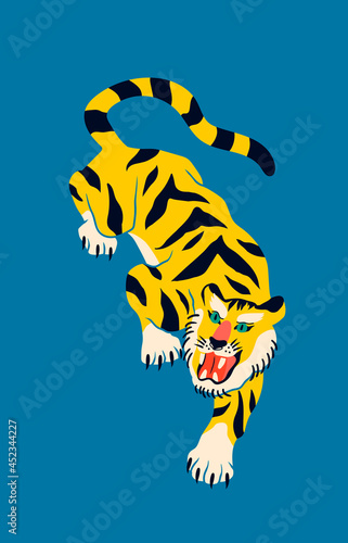 Hand drawn isolated abstract yellow tiger. Tiger walk. Japanese or Chinese oriental style. Hand drawn colored Vector illustration. Print, logo, poster template, tattoo idea. Symbol of 2022 new year