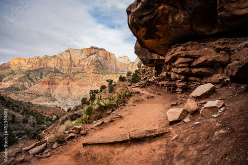 Watchmen Trail Snakes Around Rocky Cliff and Prickly Pear Cactus