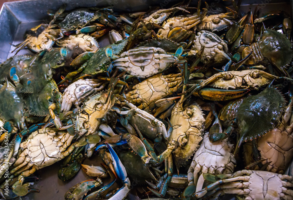 Fresh caught blue crabs for sale at outdoors fish market. Seafood. Fresh caught blue crabs for sale at outdoors fish market. Seafood.