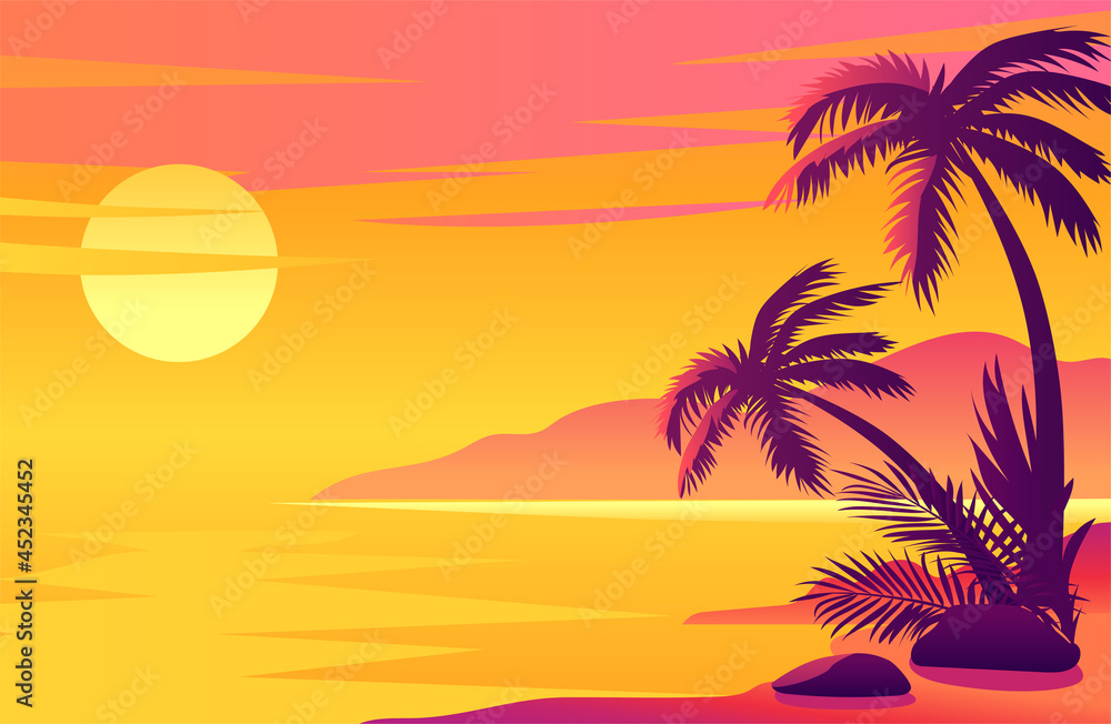 Colorful sunset on the tropical island vector illustration