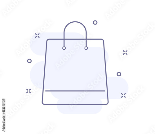 shopping bag outline vector illustration isolated on white. shopping bag purple line icon with light pink background and decorations. for web and ui design, mobile apps and print polygraphy