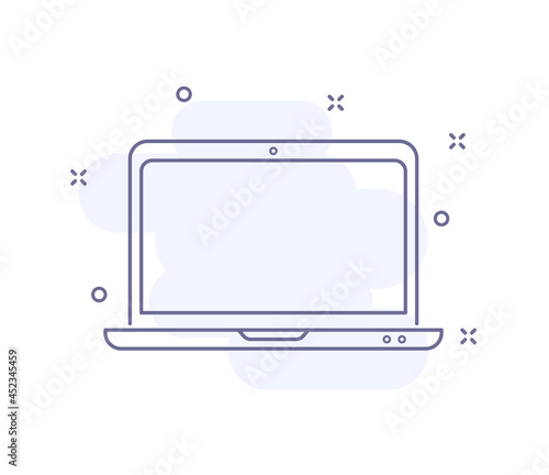 laptop outline vector illustration isolated on white. laptop purple line icon with light pink background and decorations. for web and ui design, mobile apps and print polygraphy