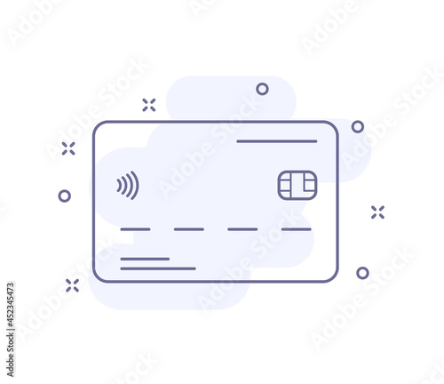 credit card outline vector illustration isolated on white. credit card purple line icon with light pink background and decorations. for web and ui design, mobile apps and print polygraphy