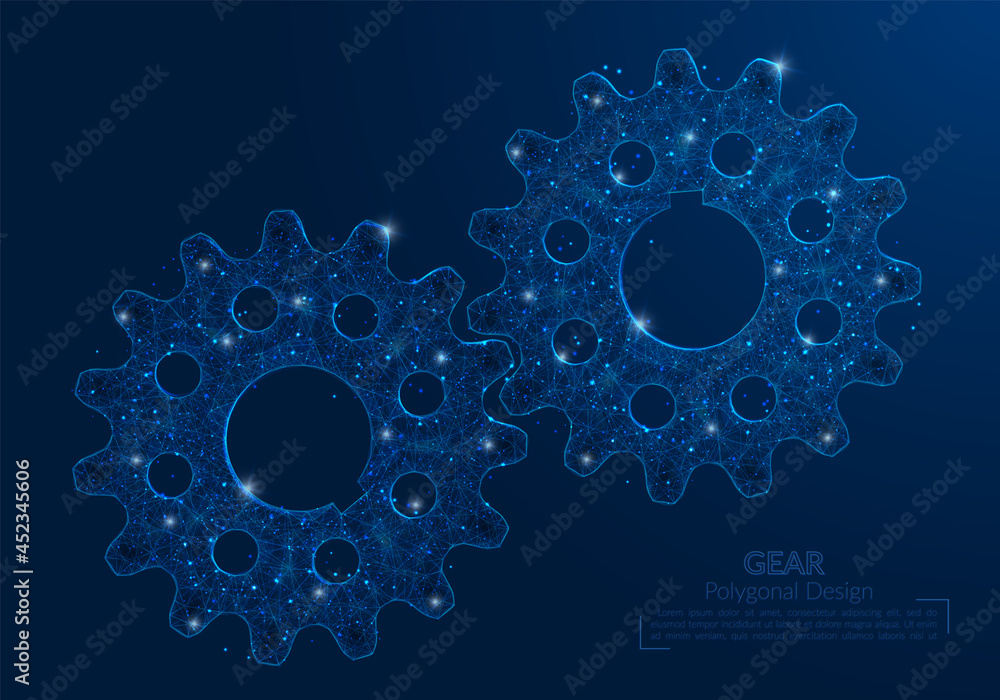 Abstract isolated blue image of a gear. Polygonal illustration looks like stars in the blask night sky in spase or flying glass shards. Digital design for website, web, internet