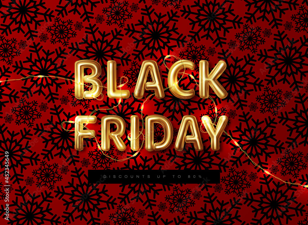 Black Friday. Sale. Logo with LED garland on a red background with snowflakes.