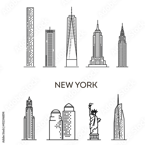 New York architecture line skyline illustration. Linear vector cityscape with famous landmarks