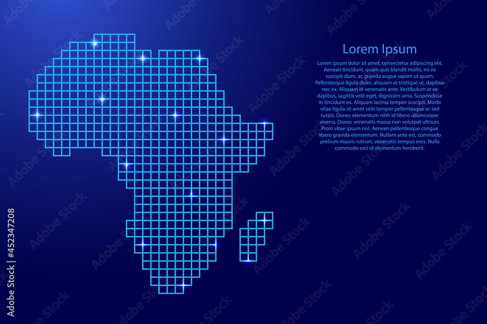 Africa map silhouette from blue mosaic structure squares and glowing stars. Vector illustration.