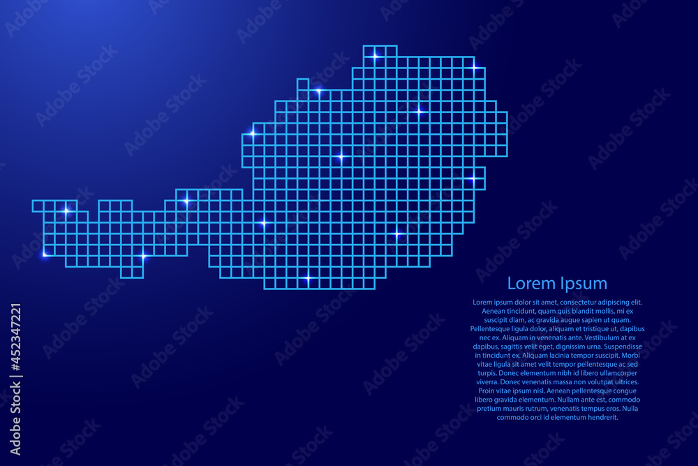 Austria map silhouette from blue mosaic structure squares and glowing stars. Vector illustration.