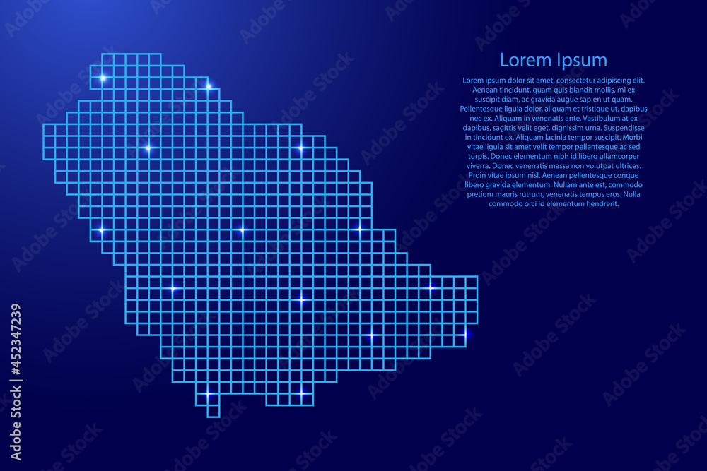 Saudi Arabia map silhouette from blue mosaic structure squares and glowing stars. Vector illustration.