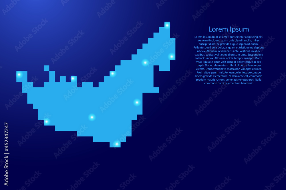 Fototapeta premium United Arab Emirates, UAE map silhouette from blue square pixels and glowing stars. Vector illustration.
