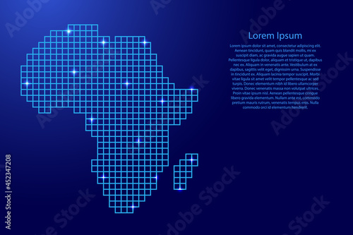Africa map silhouette from blue mosaic structure squares and glowing stars. Vector illustration.