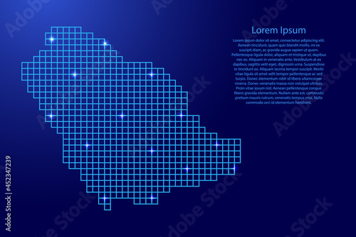 Saudi Arabia map silhouette from blue mosaic structure squares and glowing stars. Vector illustration.