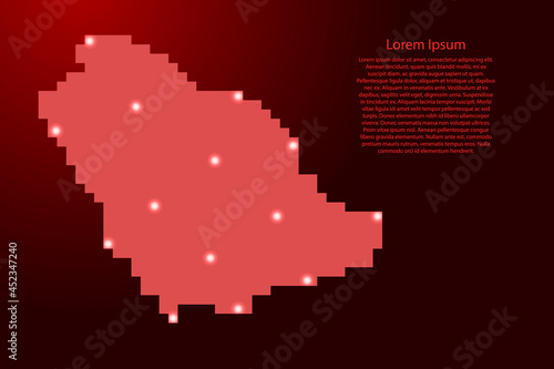 Saudi Arabia map silhouette from red square pixels and glowing stars. Vector illustration.