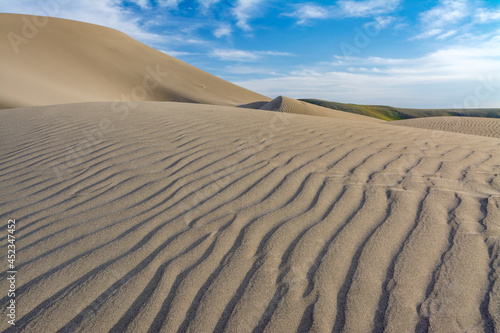 Patterns in sand dunes created by wind on a large scale