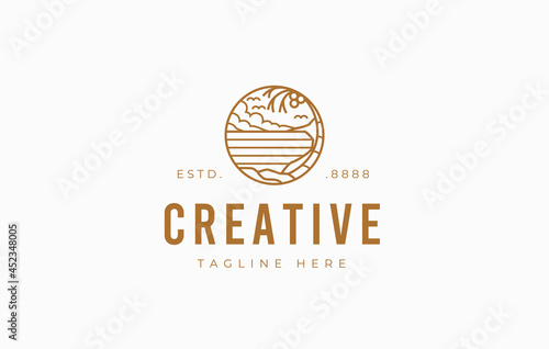 Beach monoline logo design. Vector illustration of seaside beach with coconut tree and sun simple modern style. Vintage logo design vector line icon template