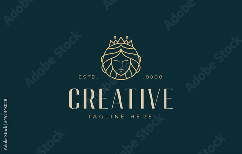 Beautiful Queen Logo Design Inspiration. Vector Illustration of Empress With Beautiful, Aesthetic Long Hair and Crown. Modern Icon Design Vector Template with Line Style photo