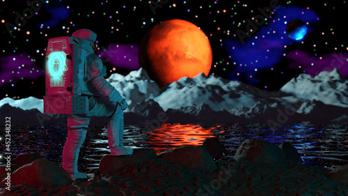 astronauts on Sifi, space travelers exploring the sifi landscape. 3d rendering.